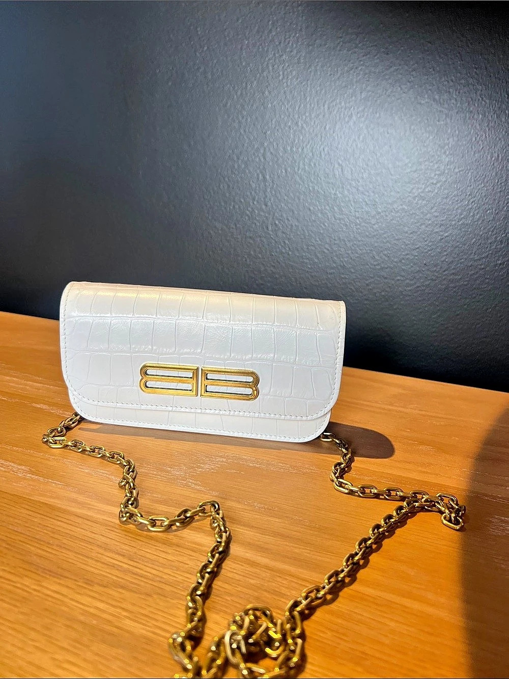 Balenciaga BB Phone Wallet on Chain Croc-Embossed Crossbody White
